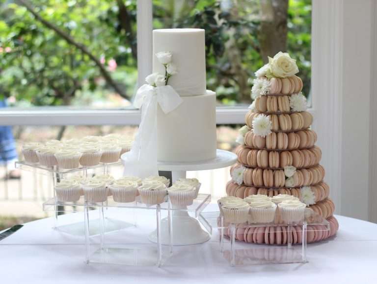 A mini dessert table in white and blush at The Orangery at Holland Park.